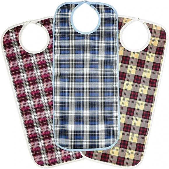 Medokare Adult Bibs Premium Waterproof Clothing Protector Plaid Pattern 3 Pack - Picture 1 of 4